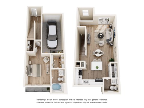 Floor plan for 1 bed, 1.5 baths, 964 sqft
